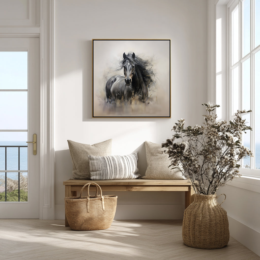 Living room with a horse painting on the wall, wooden bench, and decorative items.