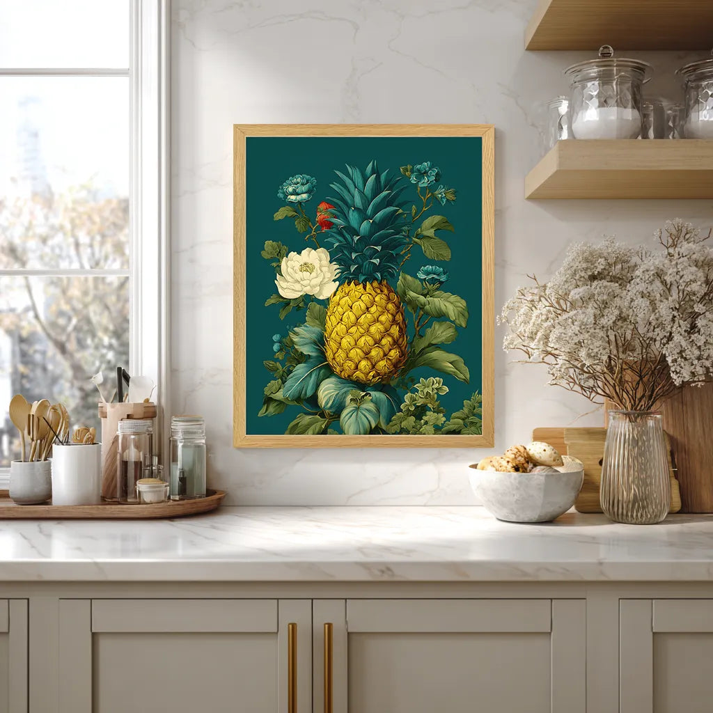 oak framed wall art of a pineapple, on the wall of a modern kitchen