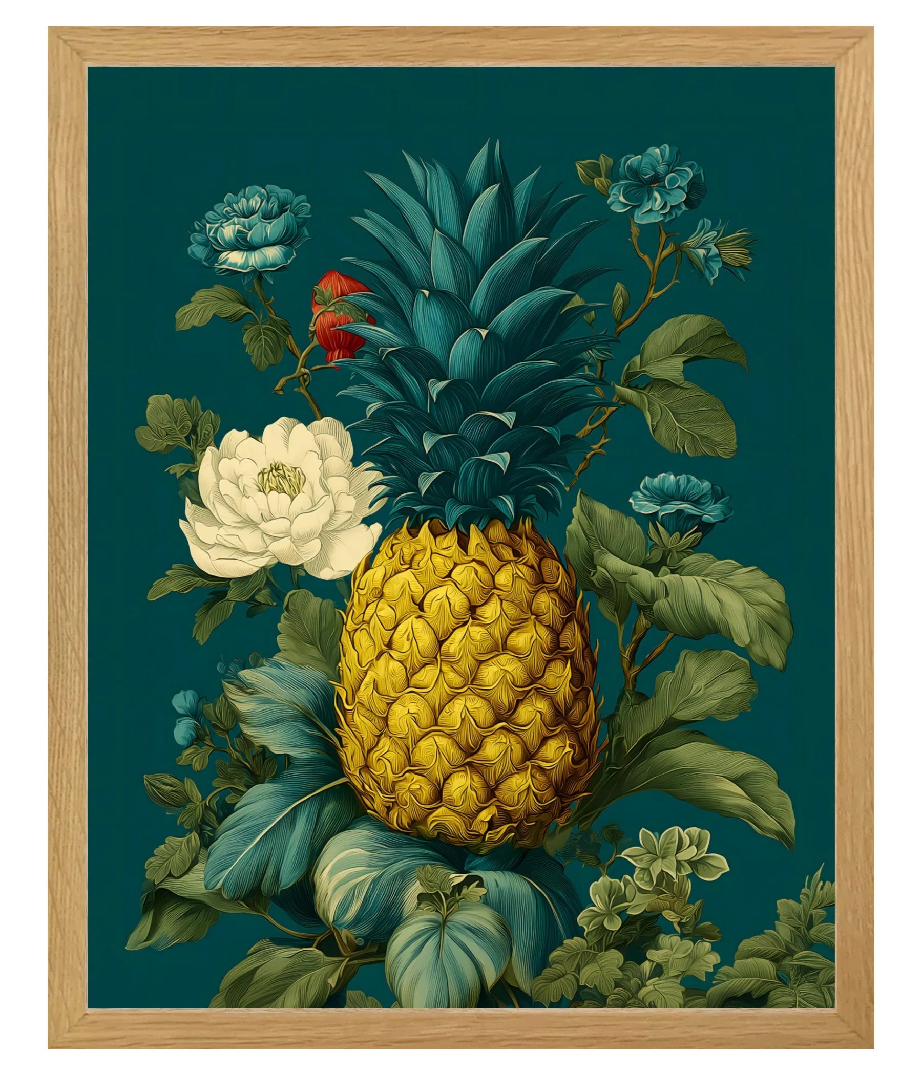 White Oak Framed artwork of a pineapple surrounded by flowers on a teal background 16" x 20"