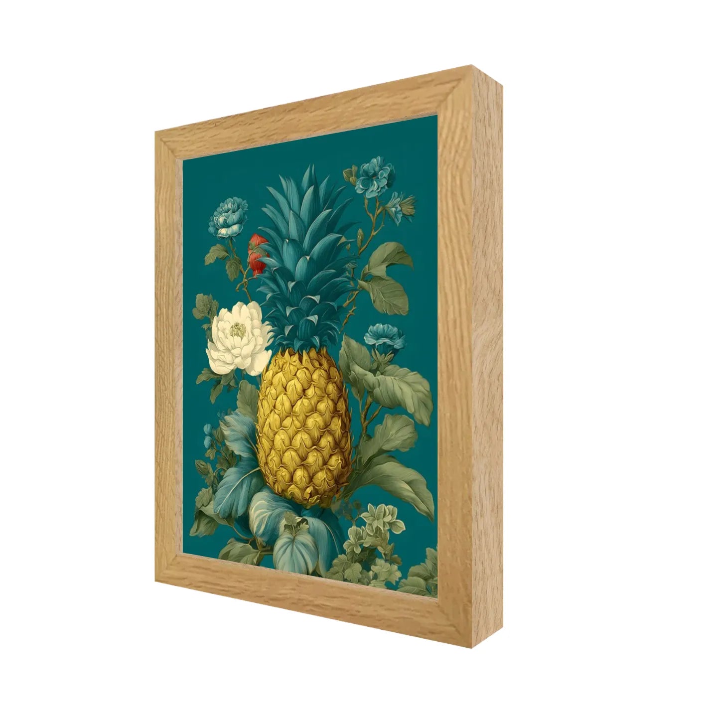 White Oak Framed artwork of a pineapple surrounded by flowers on a teal background 8" x 10" side view