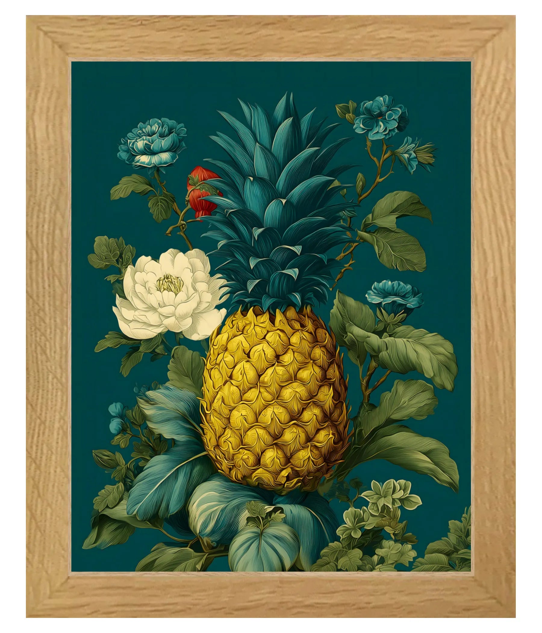 White Oak Framed artwork of a pineapple surrounded by flowers on a teal background 8" x 10"