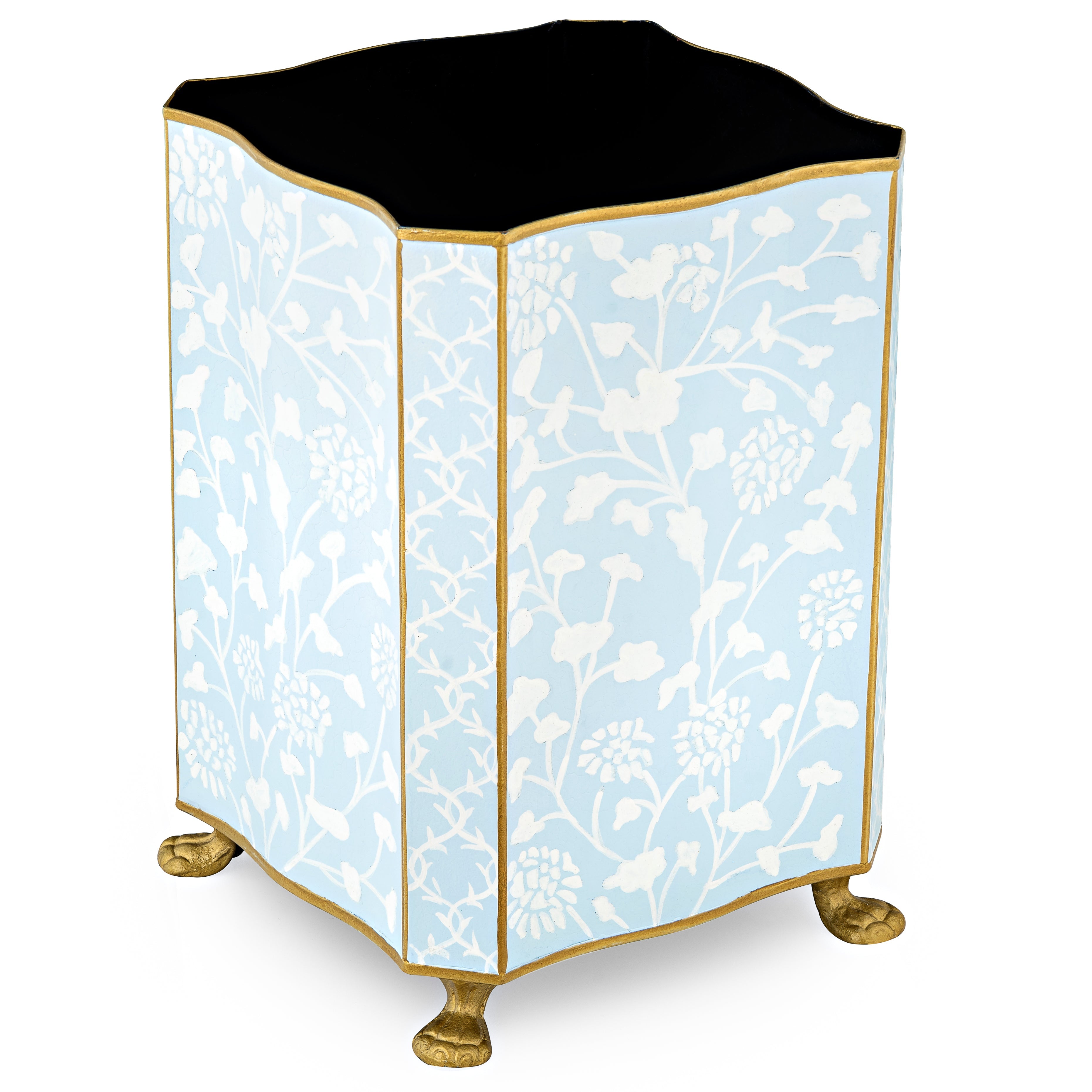 Pale blue and white decorative wastepaper basket with floral pattern and gold accents on a white background