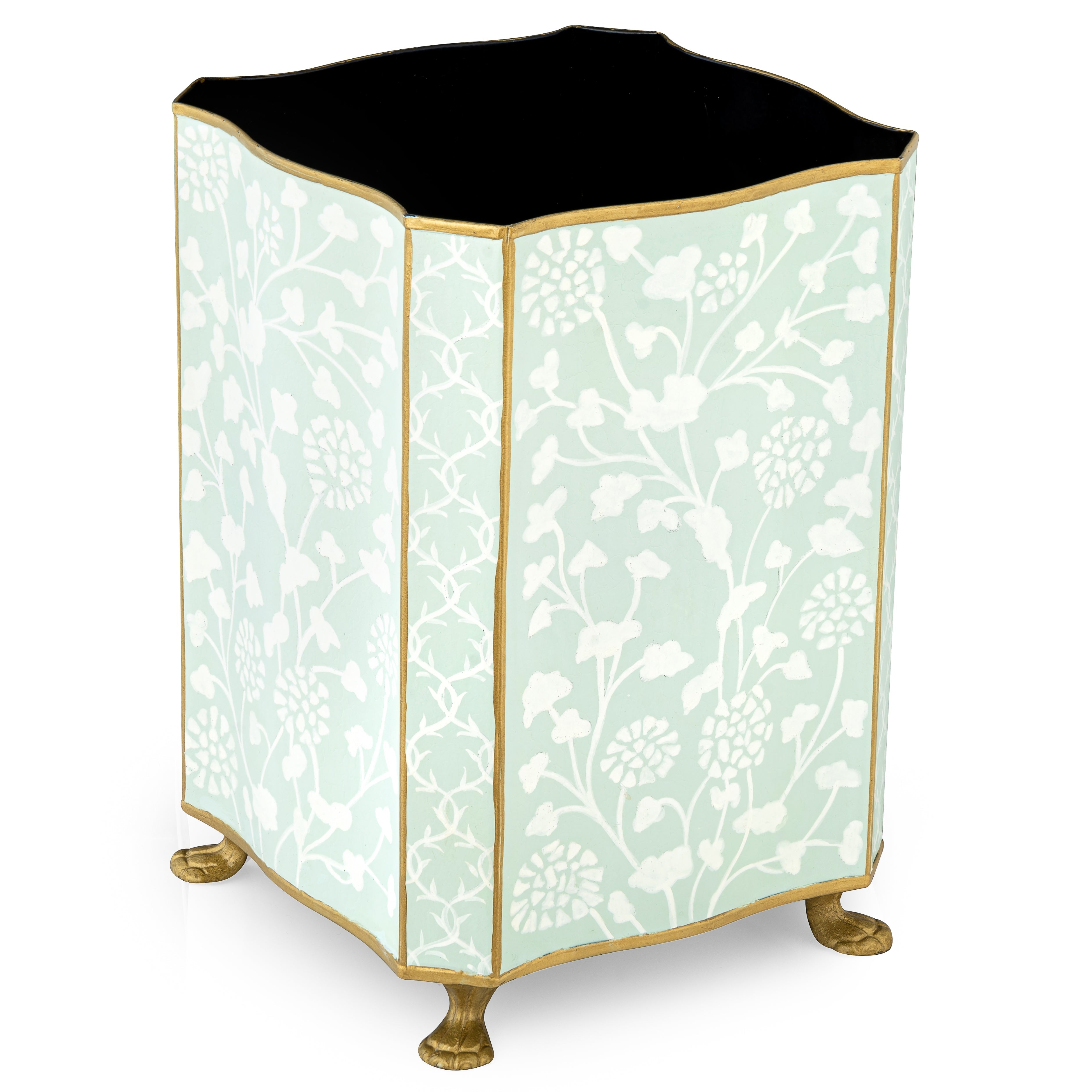 Decorative wastepaper basket with floral pattern and gold accents on a white background