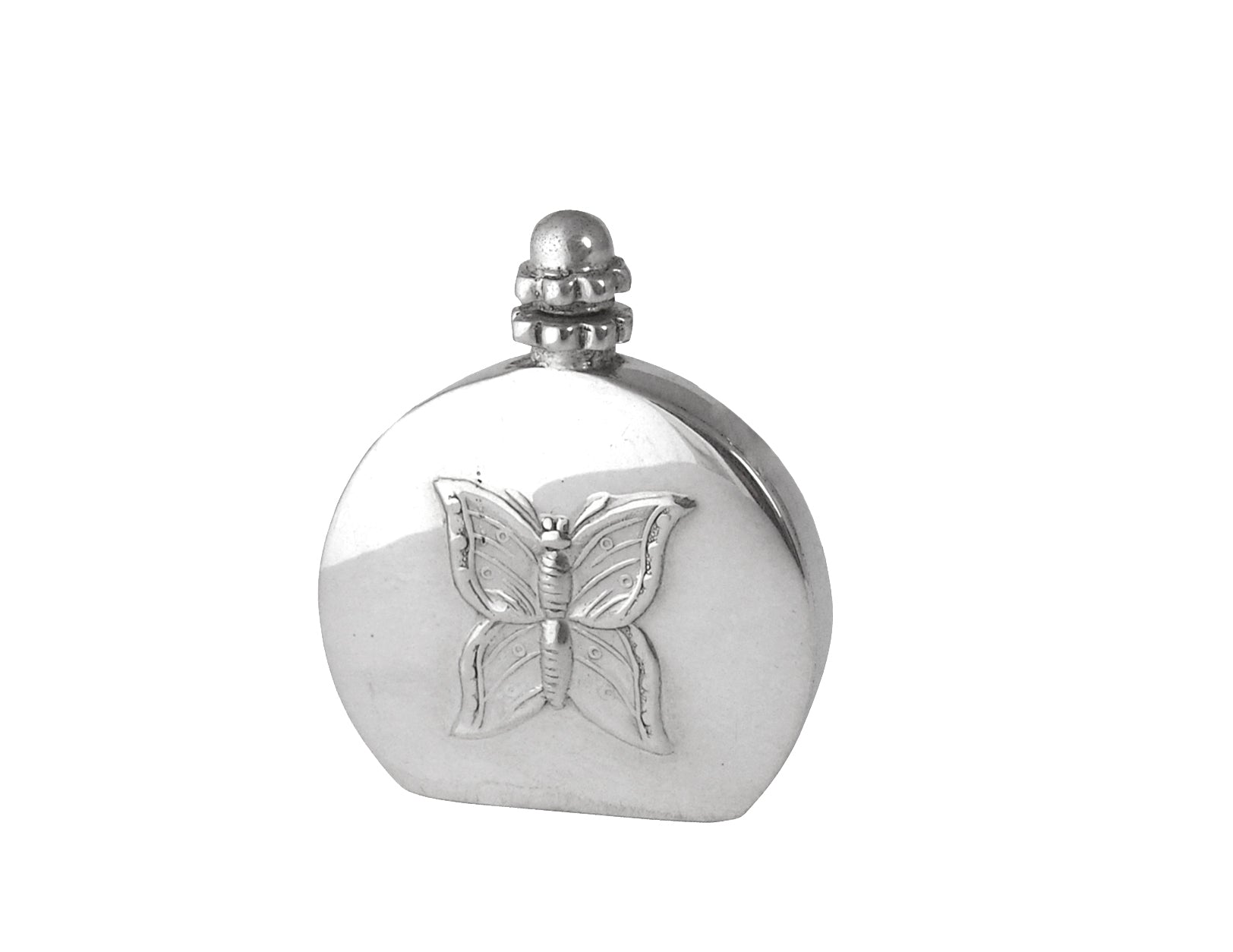Silver perfume bottle with butterfly design on a white background