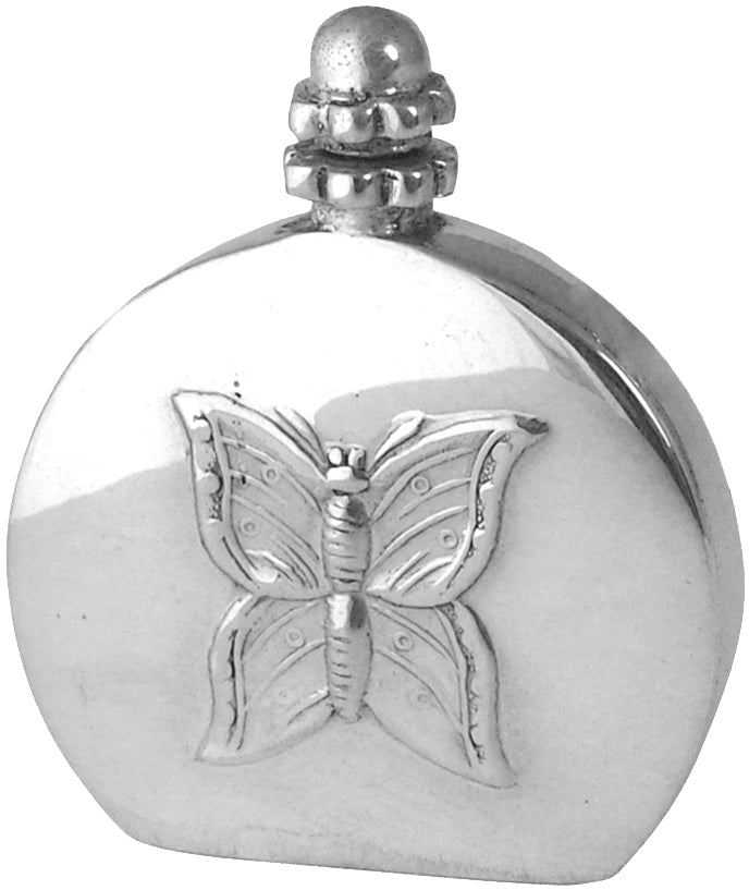 Silver flask with a butterfly design on a white background