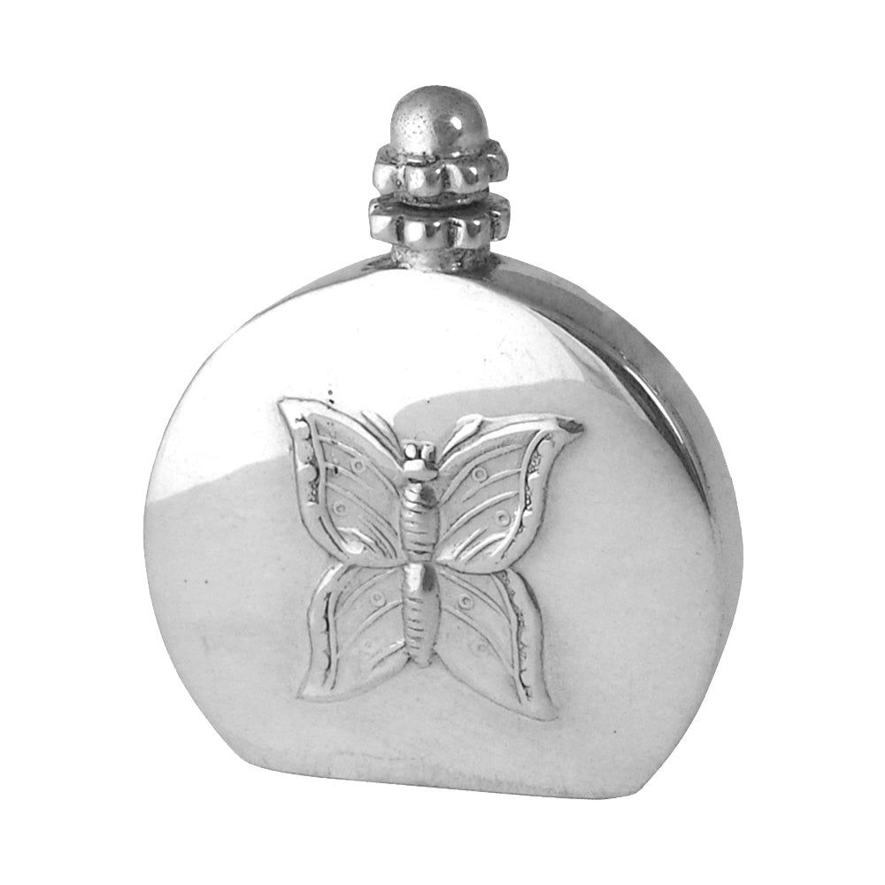 Silver flask with butterfly design on a white background