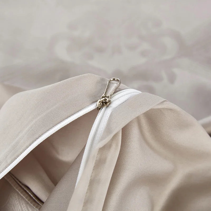 Close-up of a beige fabric with a zipper detail on a neutral background