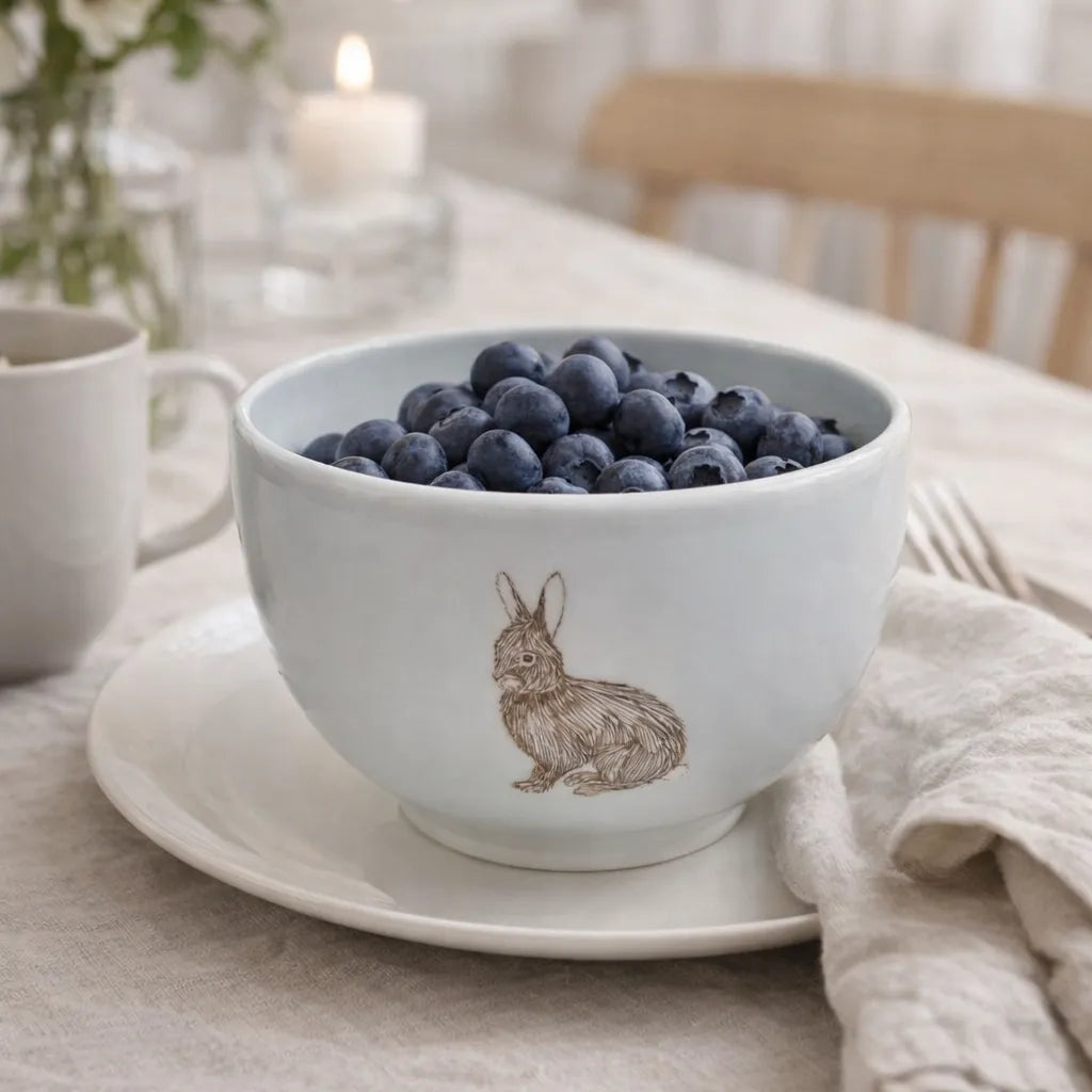 Rabbit bowl with blueberries on a table.