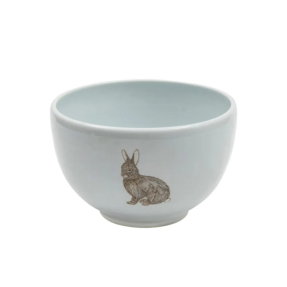 Ceramic bowl with a brown rabbit illustration on a white background