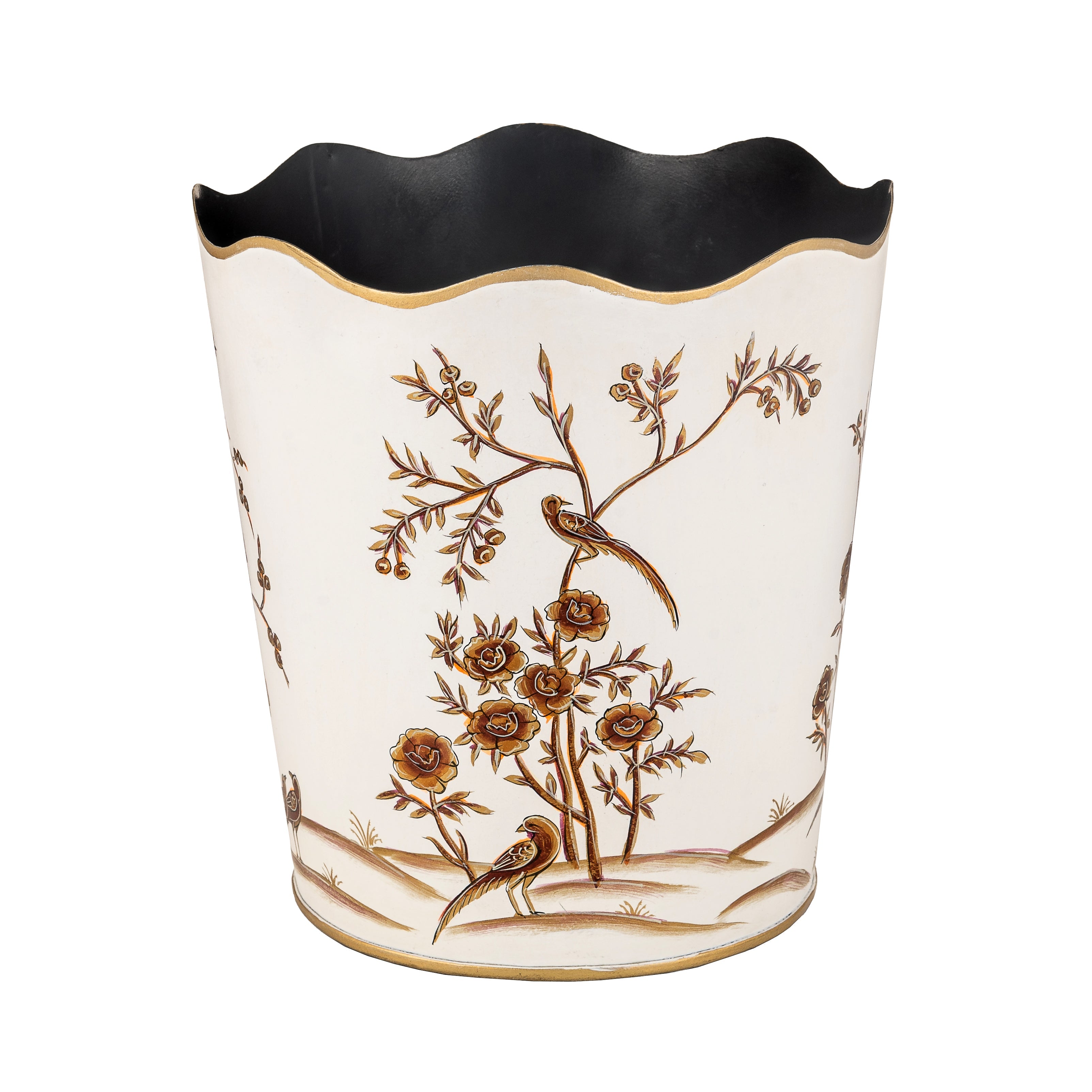 Decorative wastepaper basket with floral and bird design on a white background