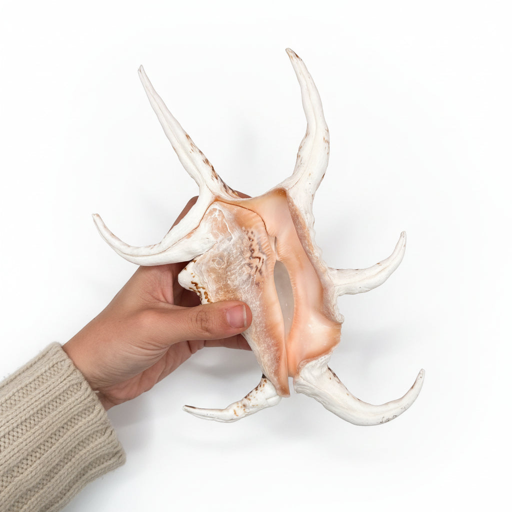 Hand holding a large white shell against a red background