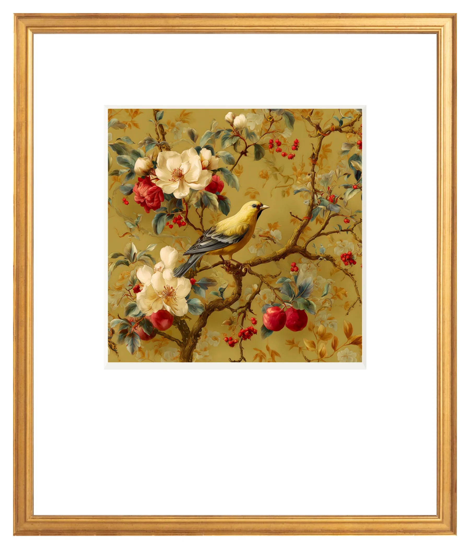 Chinoiserie Songbird Wall Art – Professionally Framed in Certificate Gold