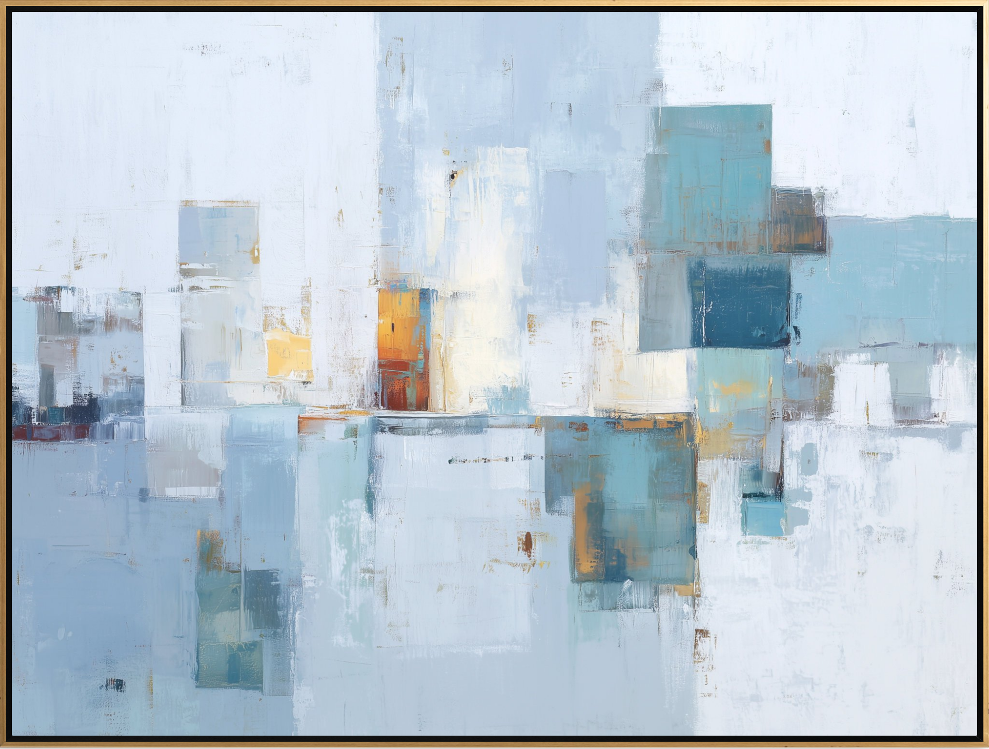 Abstract art piece with geometric shapes in blue, white, and gold.
