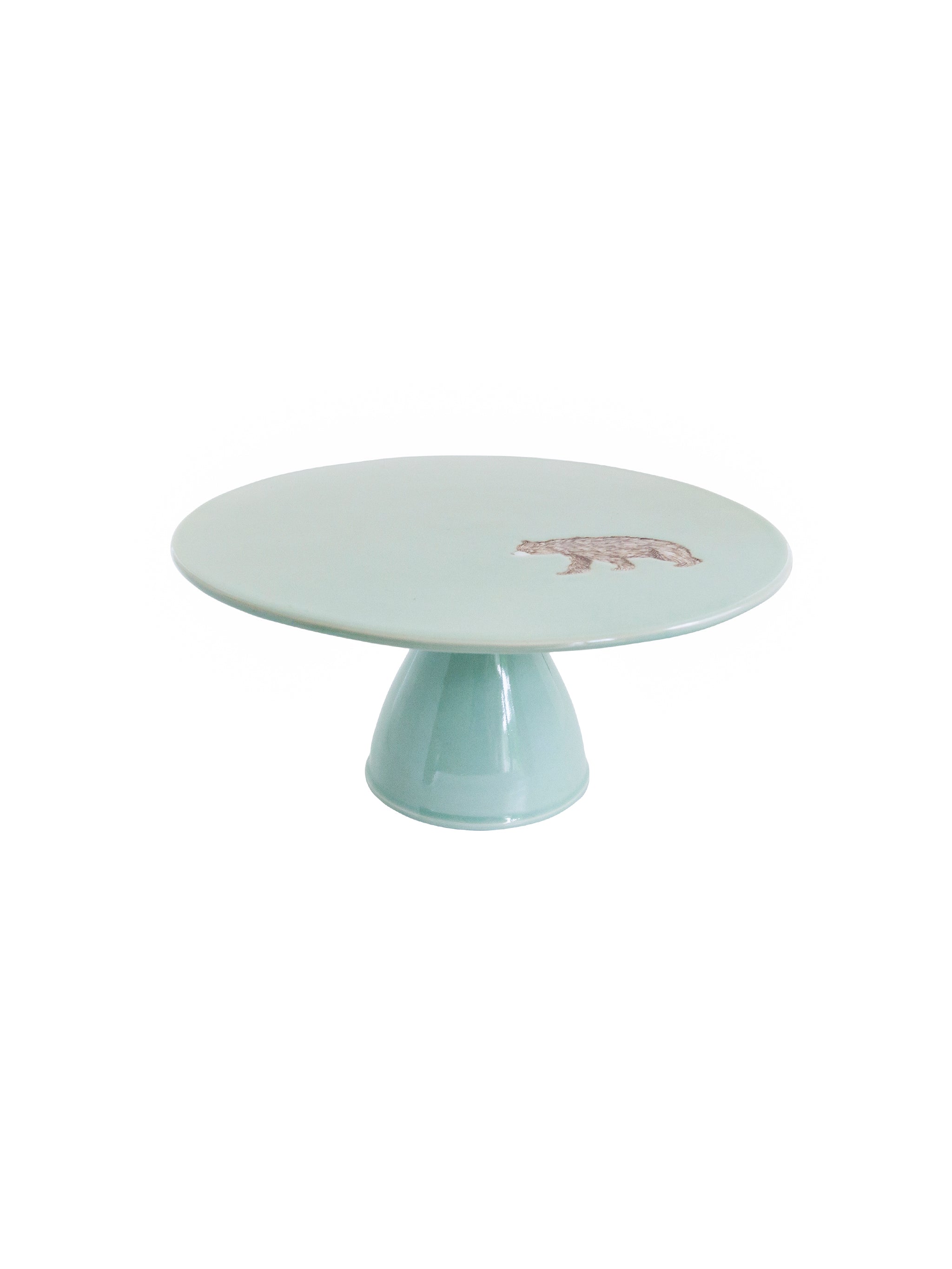 Light blue cake stand with a bear logo on a white background
