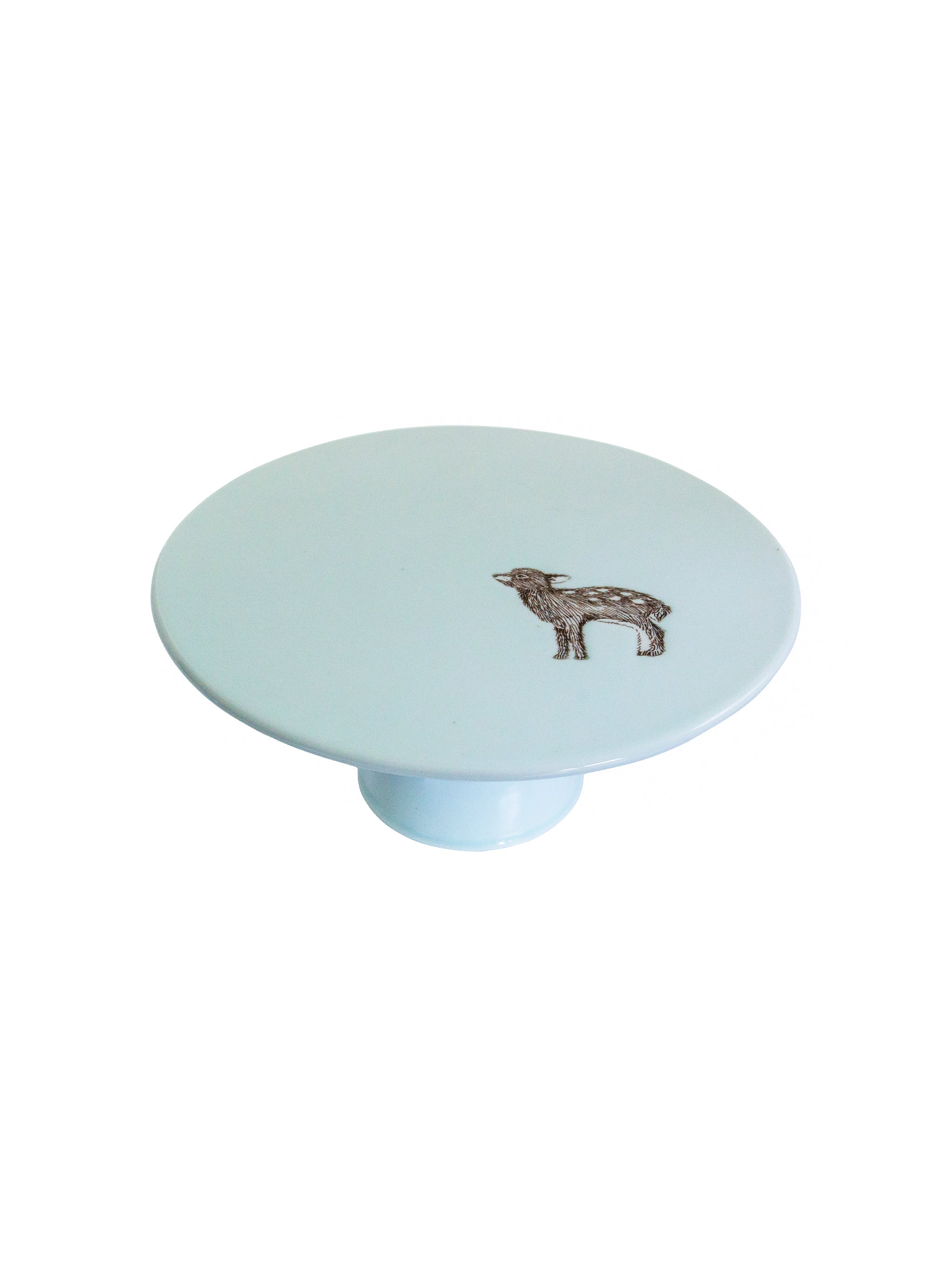 Light blue cake stand with a deer design on a white background