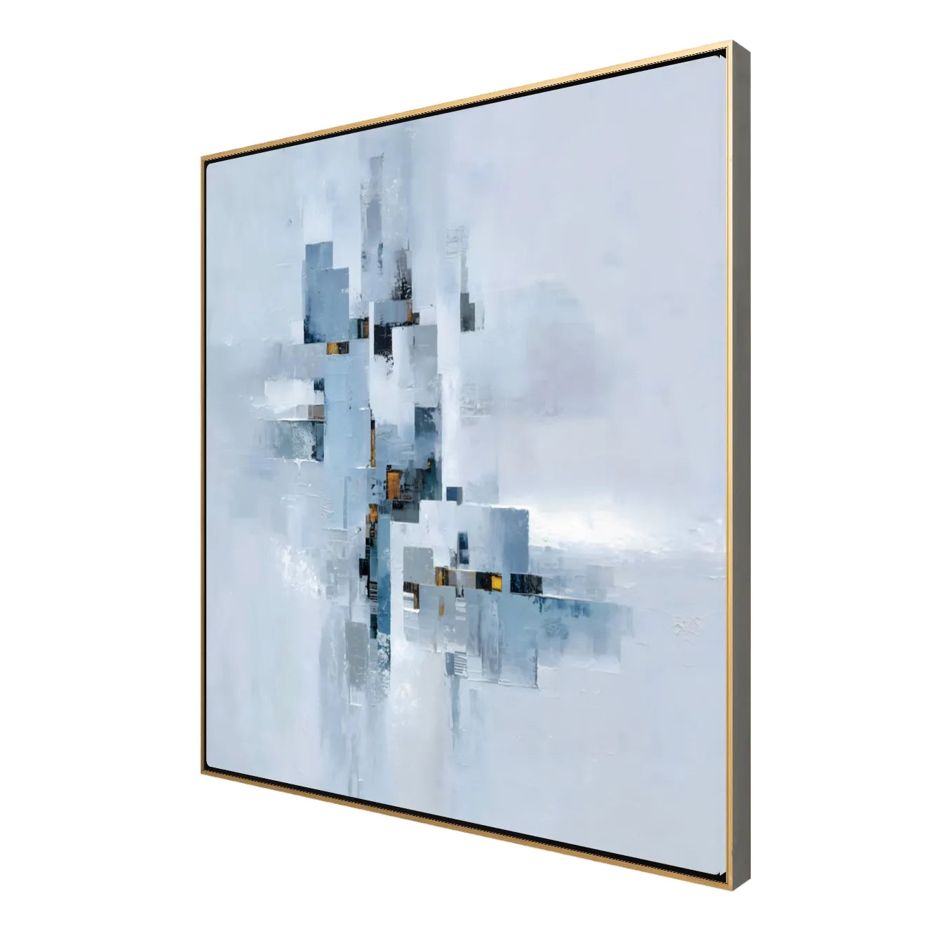 Abstract art piece with geometric shapes on a light blue background
