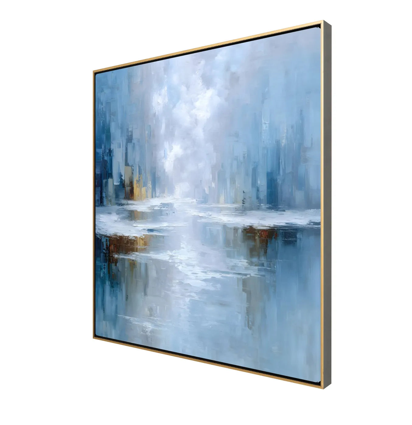 Abstract painting with blue and gray tones on a white background