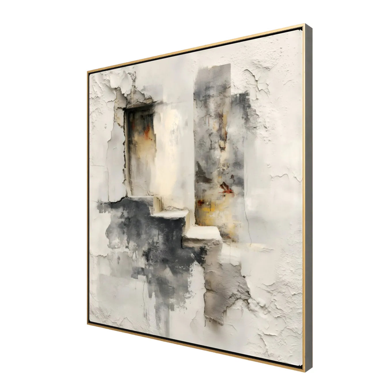 Abstract art piece with a gold frame on a white background