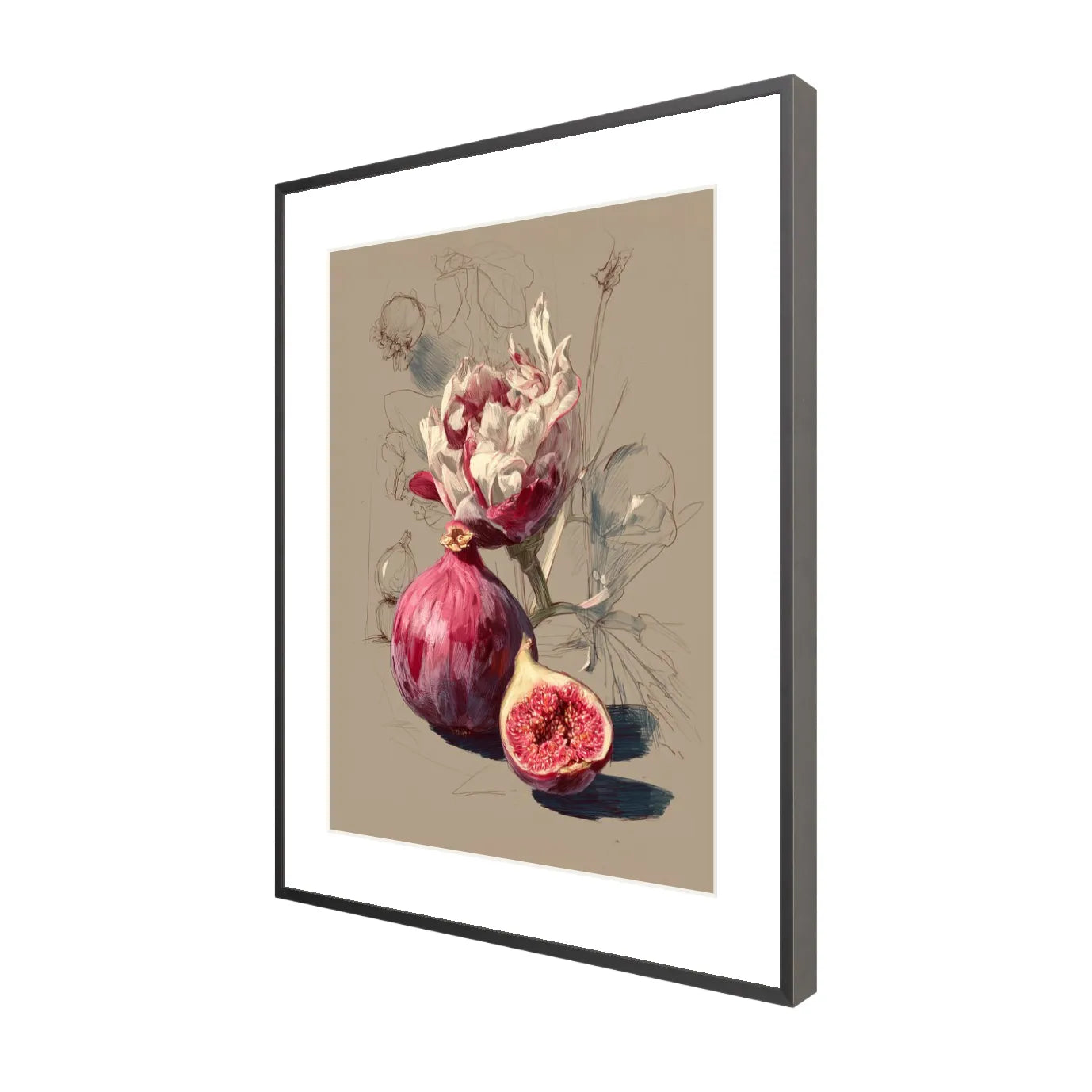 Framed artwork of figs and flowers on a beige background
