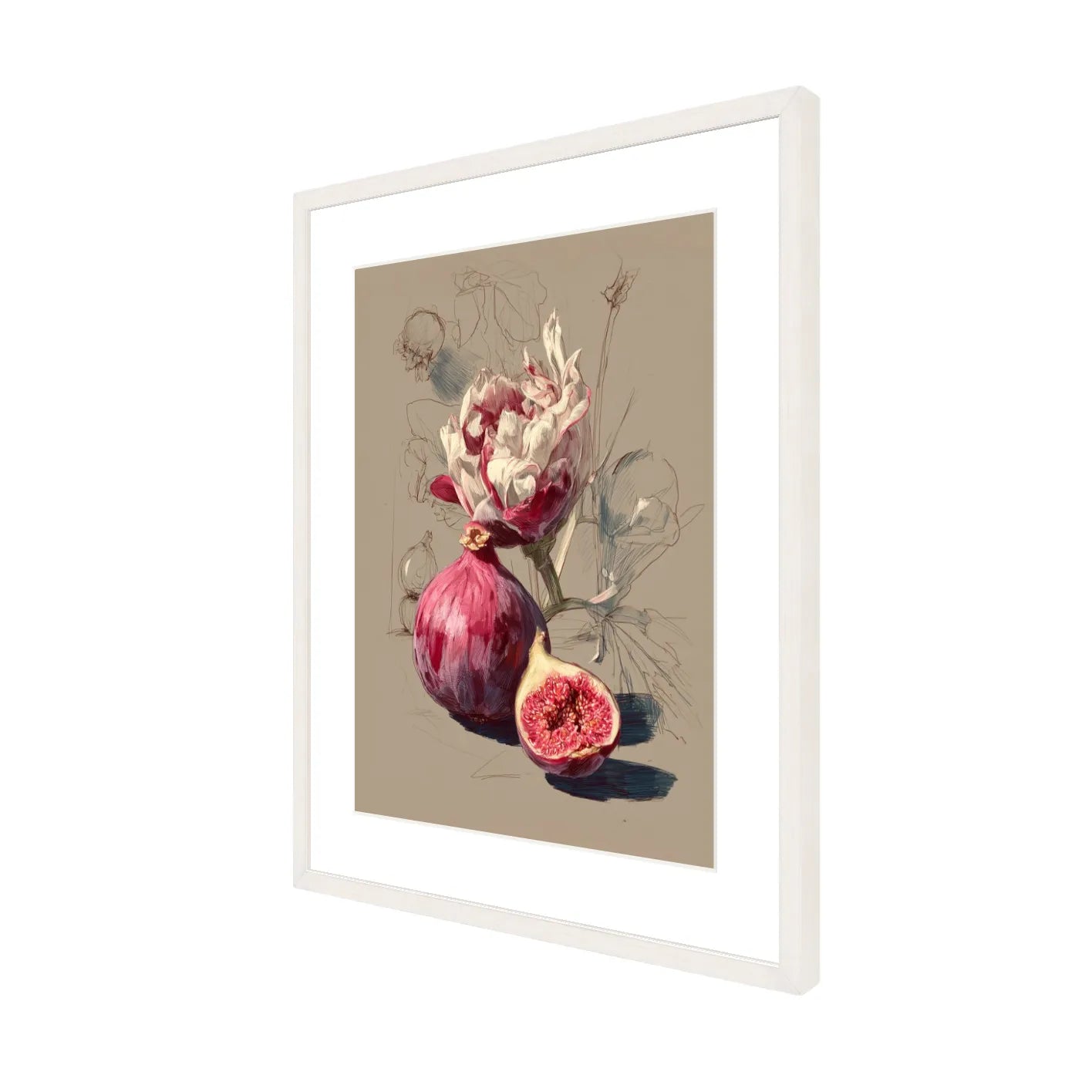 Framed artwork of figs and flowers on a beige background
