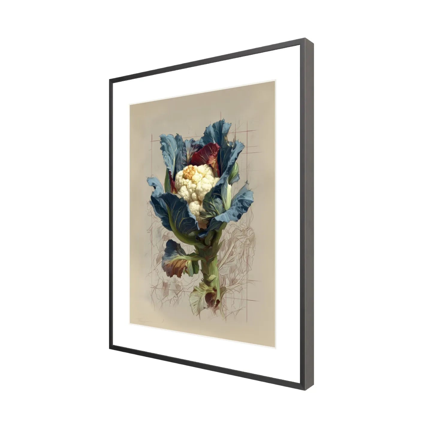 Framed artwork of a cauliflower on a beige background