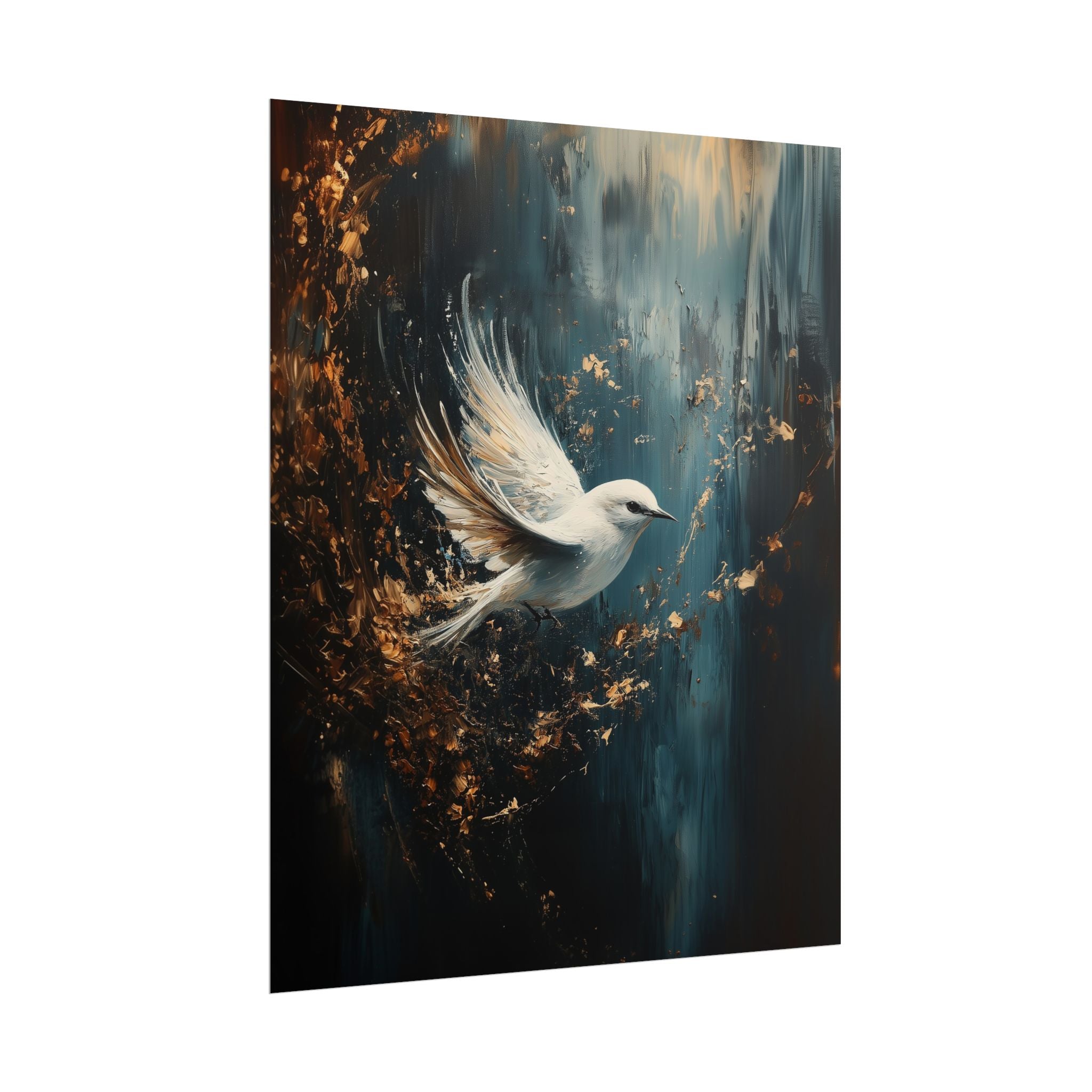 Abstract painting of a white bird with a dark, textured background
