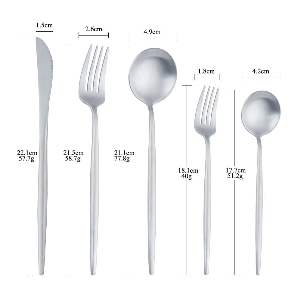 Measurement chart of silver cutlery including knife, fork, and spoons on a white background.
