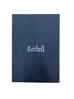 Blue Gift Box with 'Corbell' embossed on it against a white background