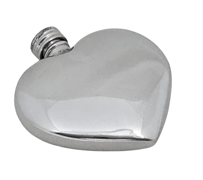 Heart-shaped pewter 3oz hip flask on a white background