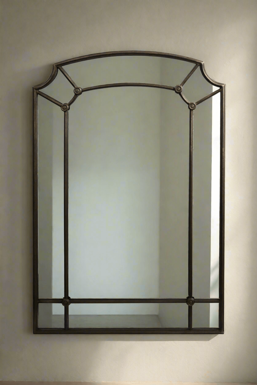Decorative wall mirror with metal frame on a plain wall