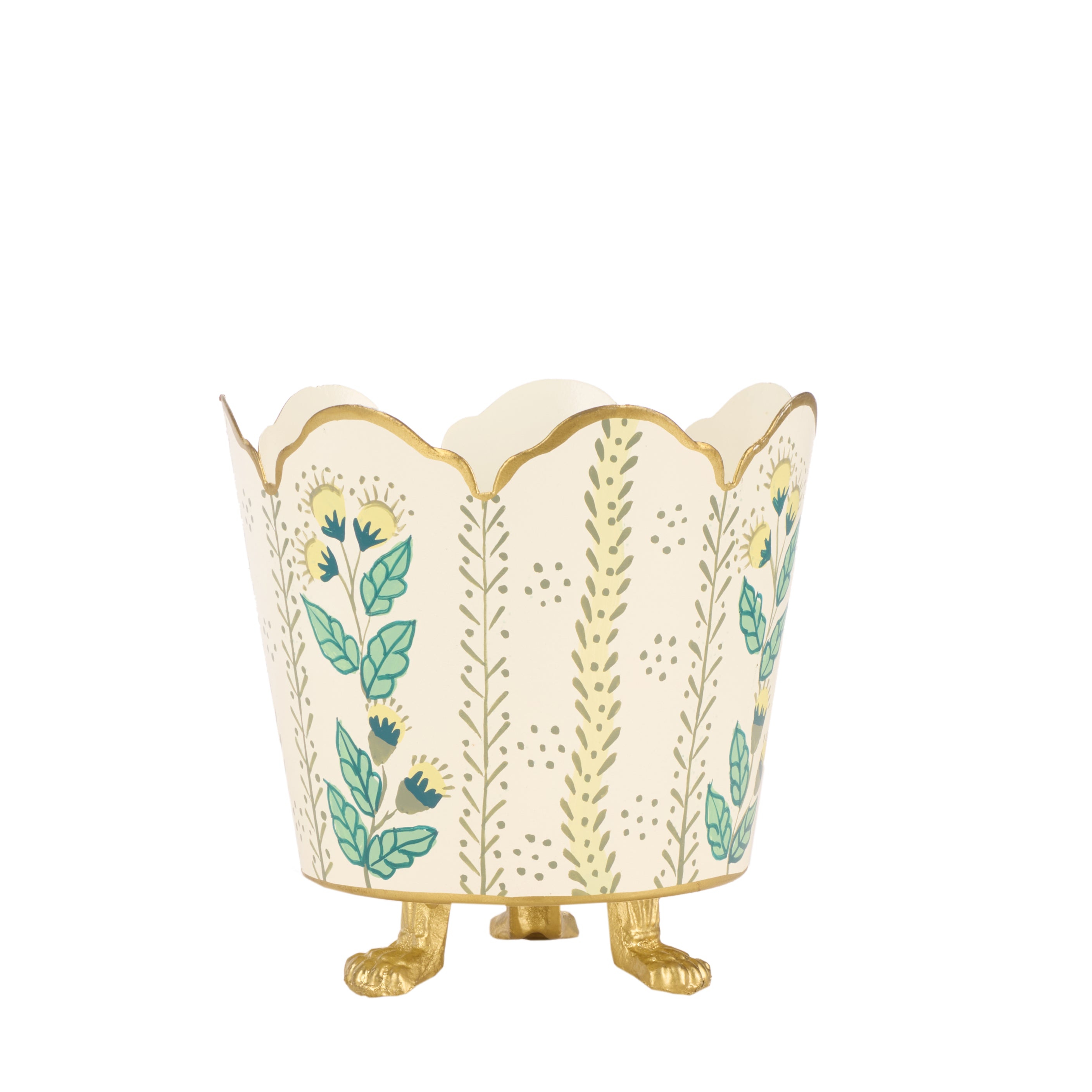 Decorative planter with floral design and gold accents on a white background