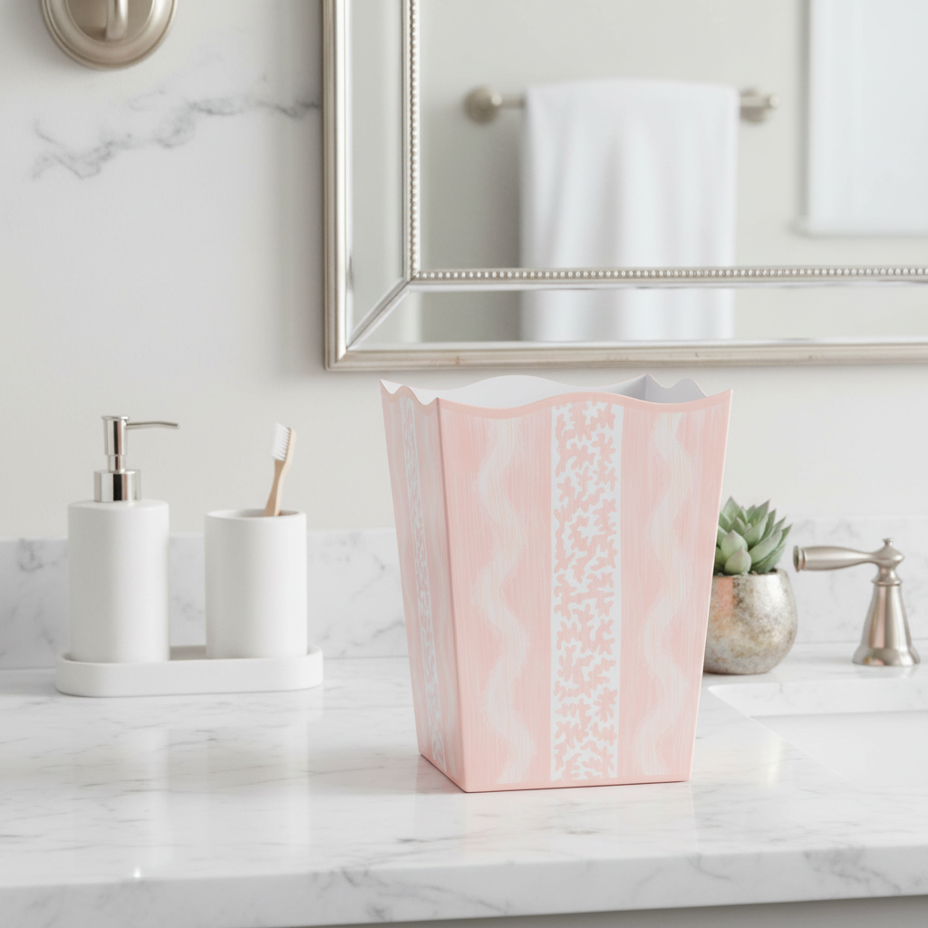 Pink floral patterned trash can on a bathroom counter with toiletries and decor.