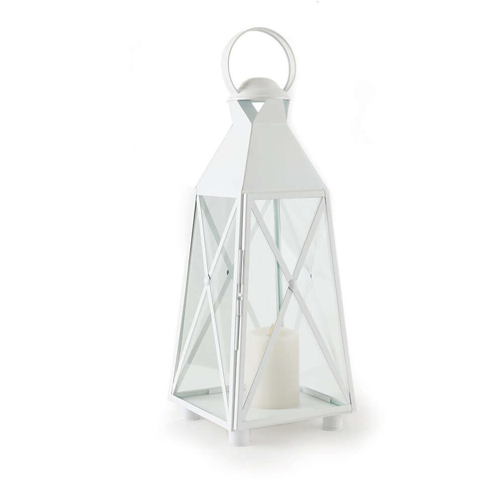 White X frame lantern with a candle inside on a white background