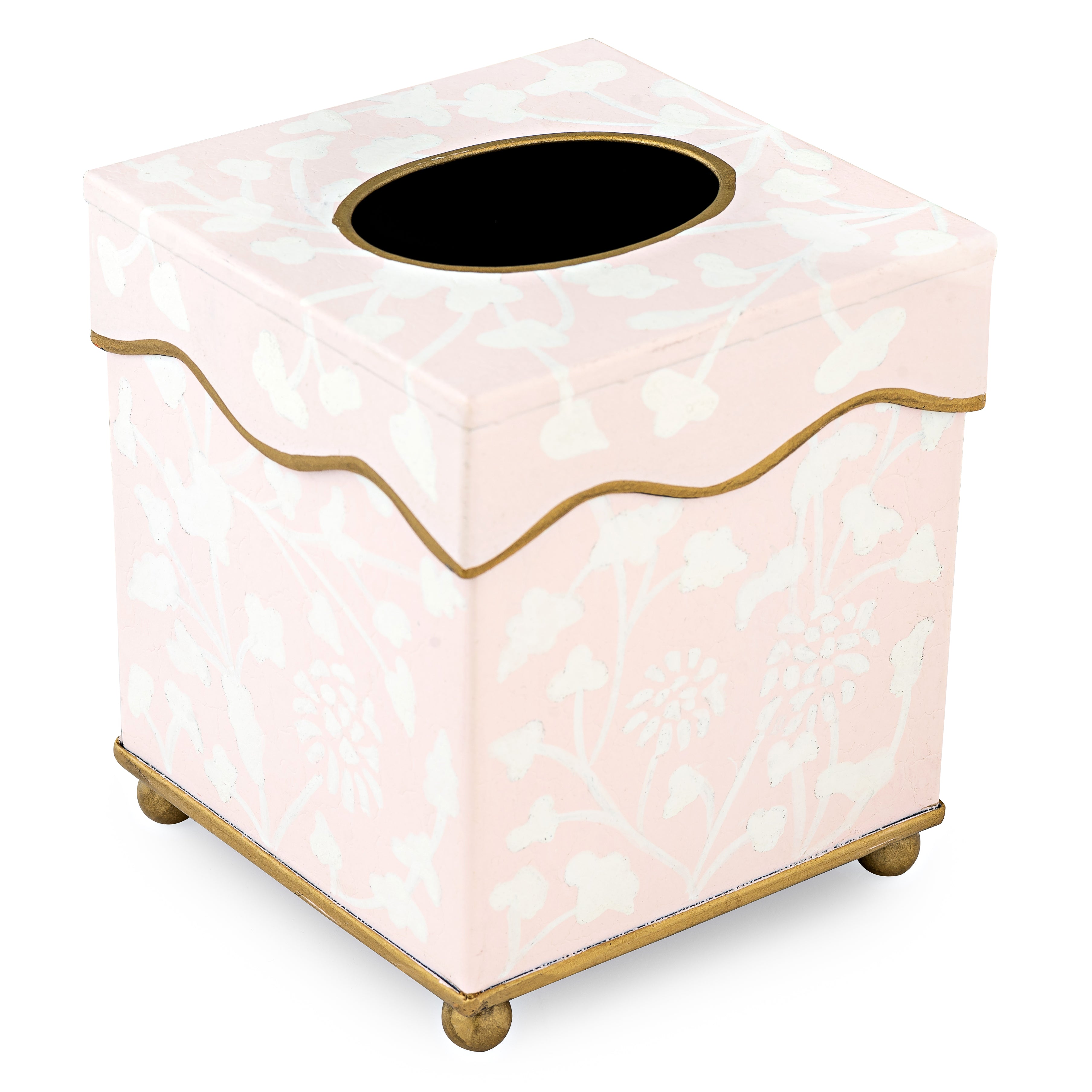 Pink floral patterned tissue box with gold accents on a white background