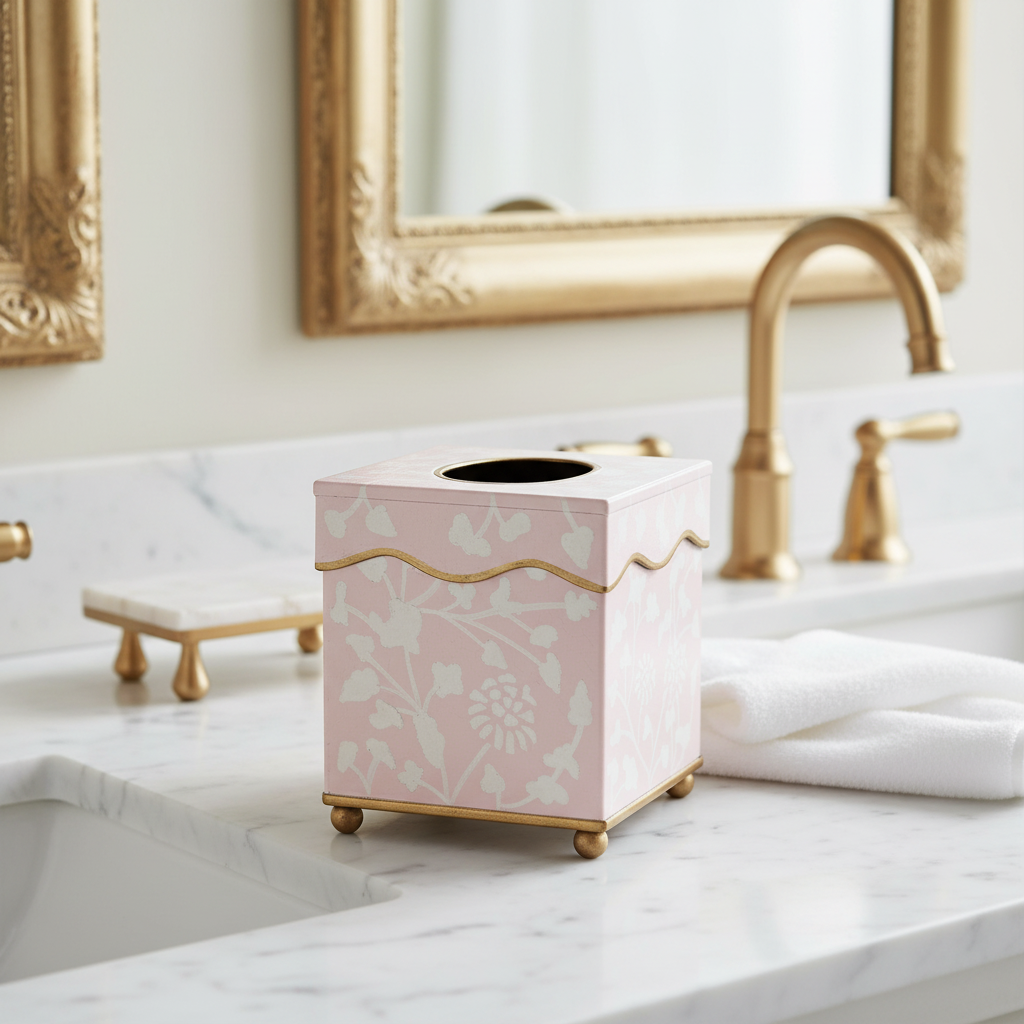Pink floral-patterned tissue box on a marble countertop with gold accents.