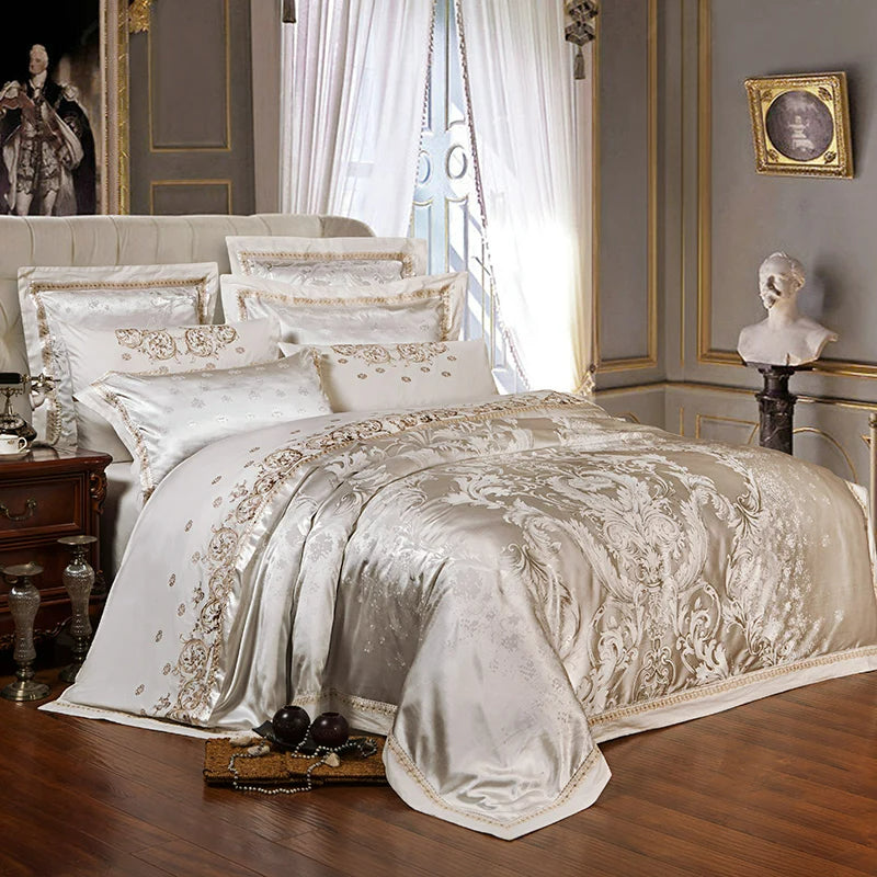 Luxurious bedspread with intricate patterns in a classical bedroom setting.