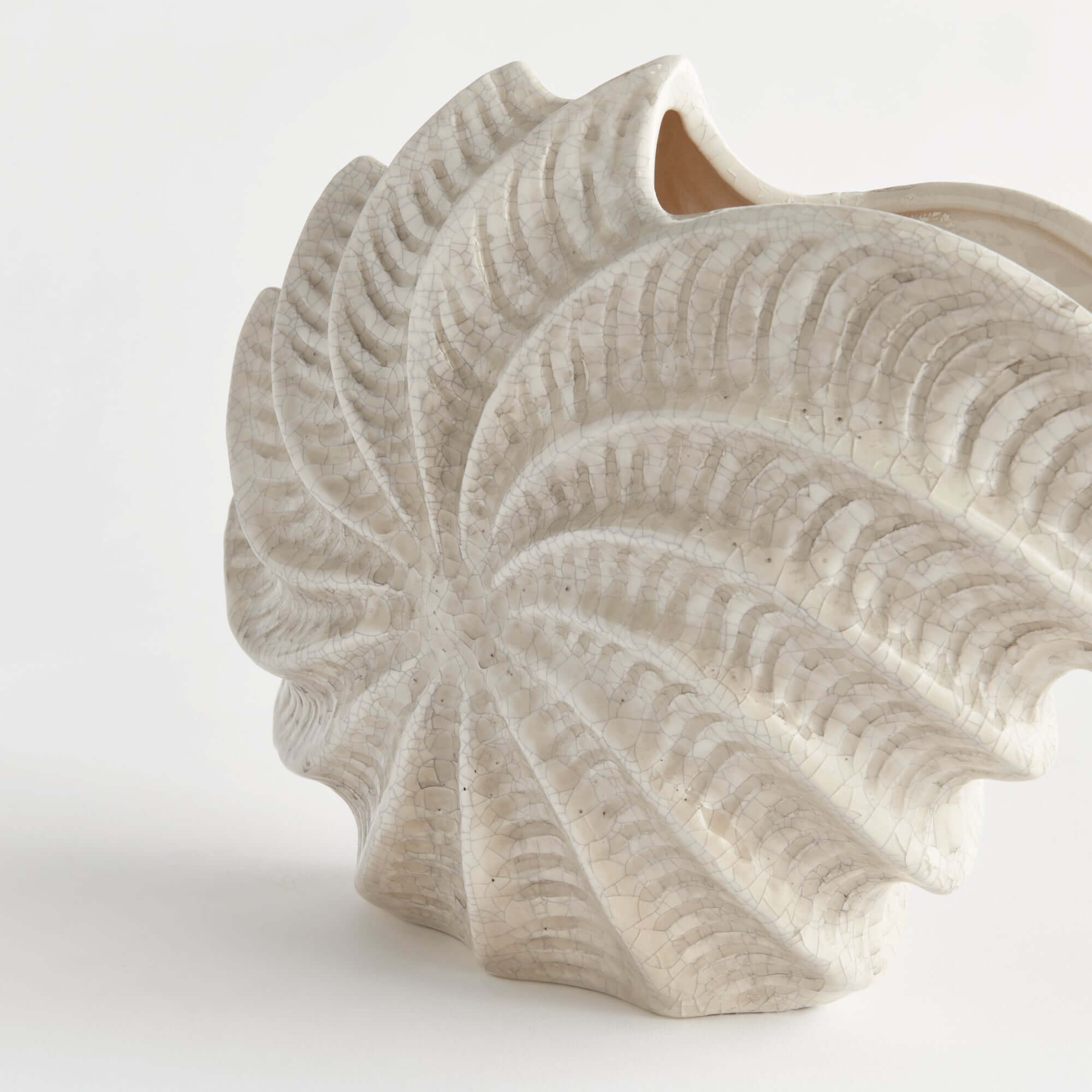 Decorative ceramic vase with shell-like design on a white background