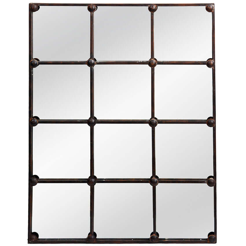 Decorative mirror with grid pattern and metal frame on a white background