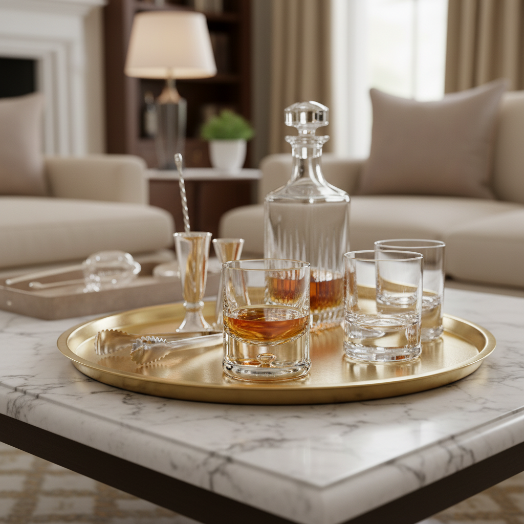 Tray with whiskey glasses and decanter on a marble table in a living room setting
