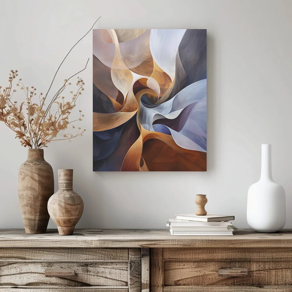 Abstract painting on a wall above a wooden console table with decorative vases and books.