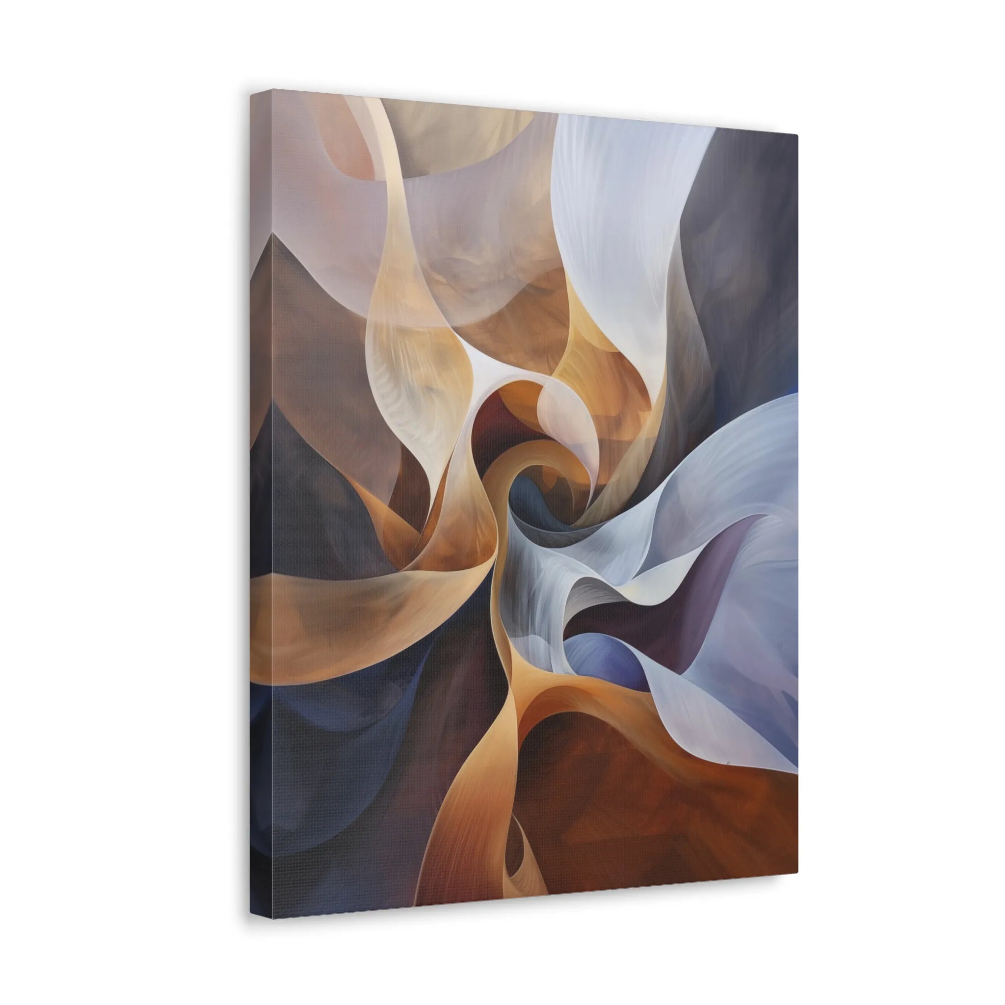 Abstract art canvas print with swirling colors on a white background side view