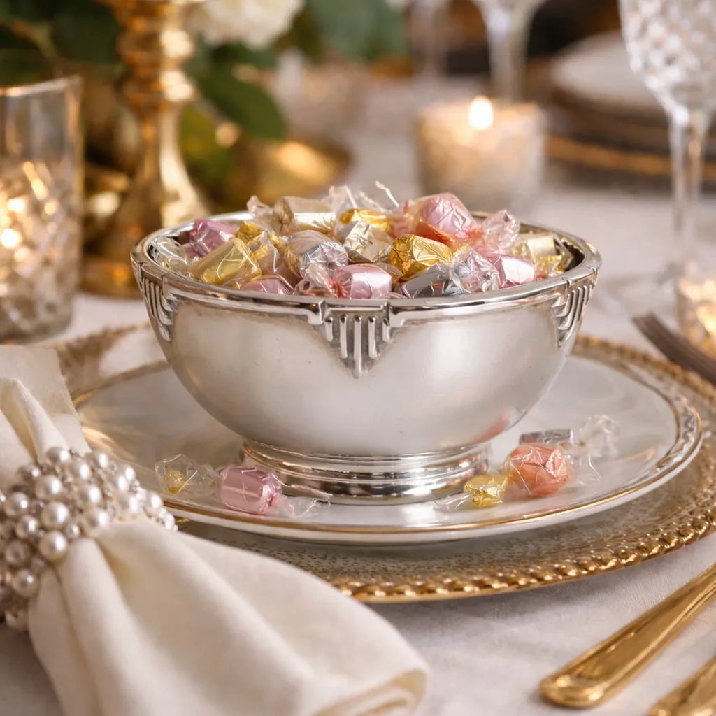 Antique deco 4 inch bowl English Silver Plate, with candies on a table setting with candles and silverware.