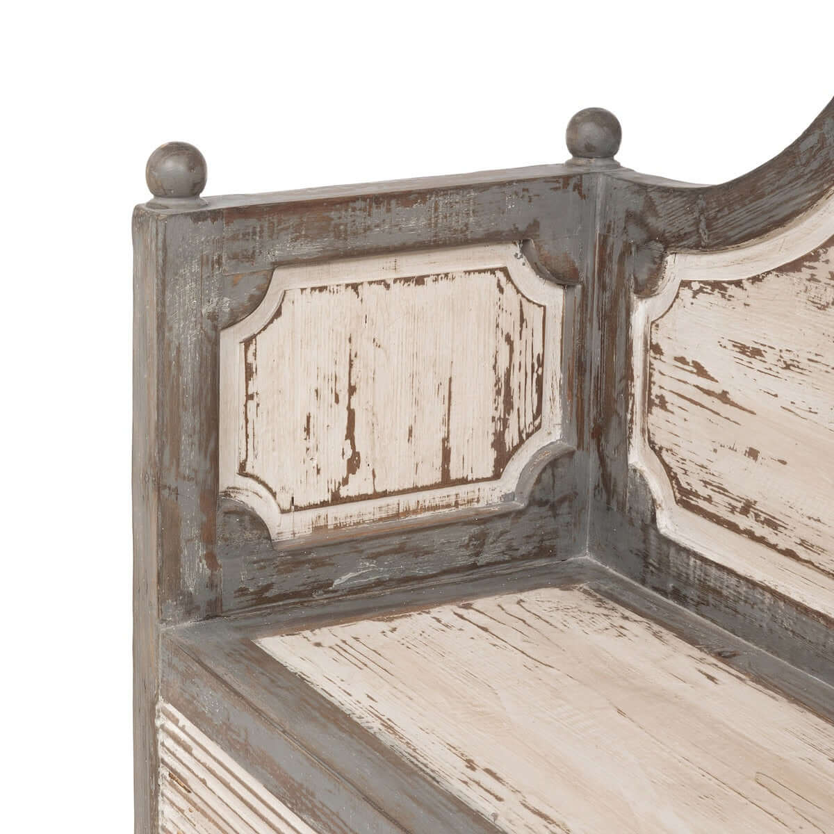 Close up of a distressed wooden bench on a white background