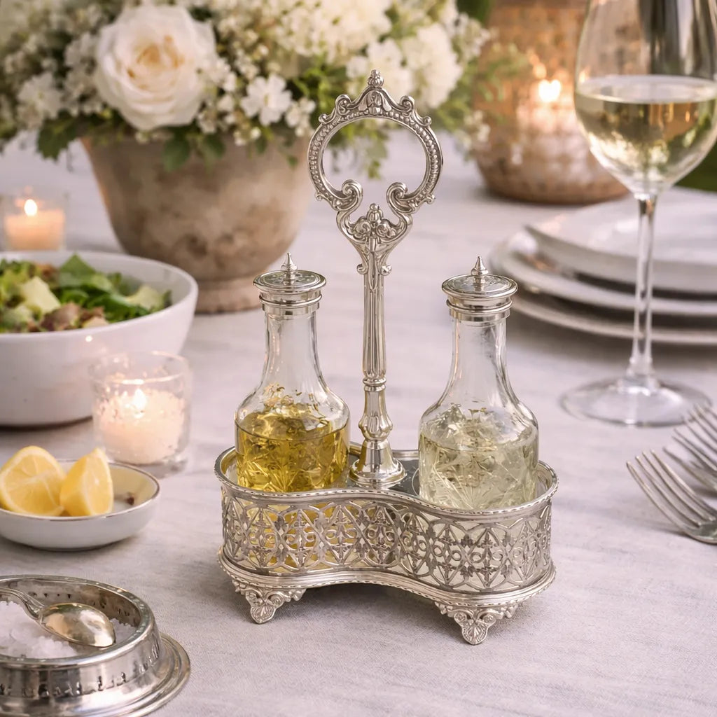 Decorative Antique silver-plated oil and vinegar holder with bottles on a table setting.