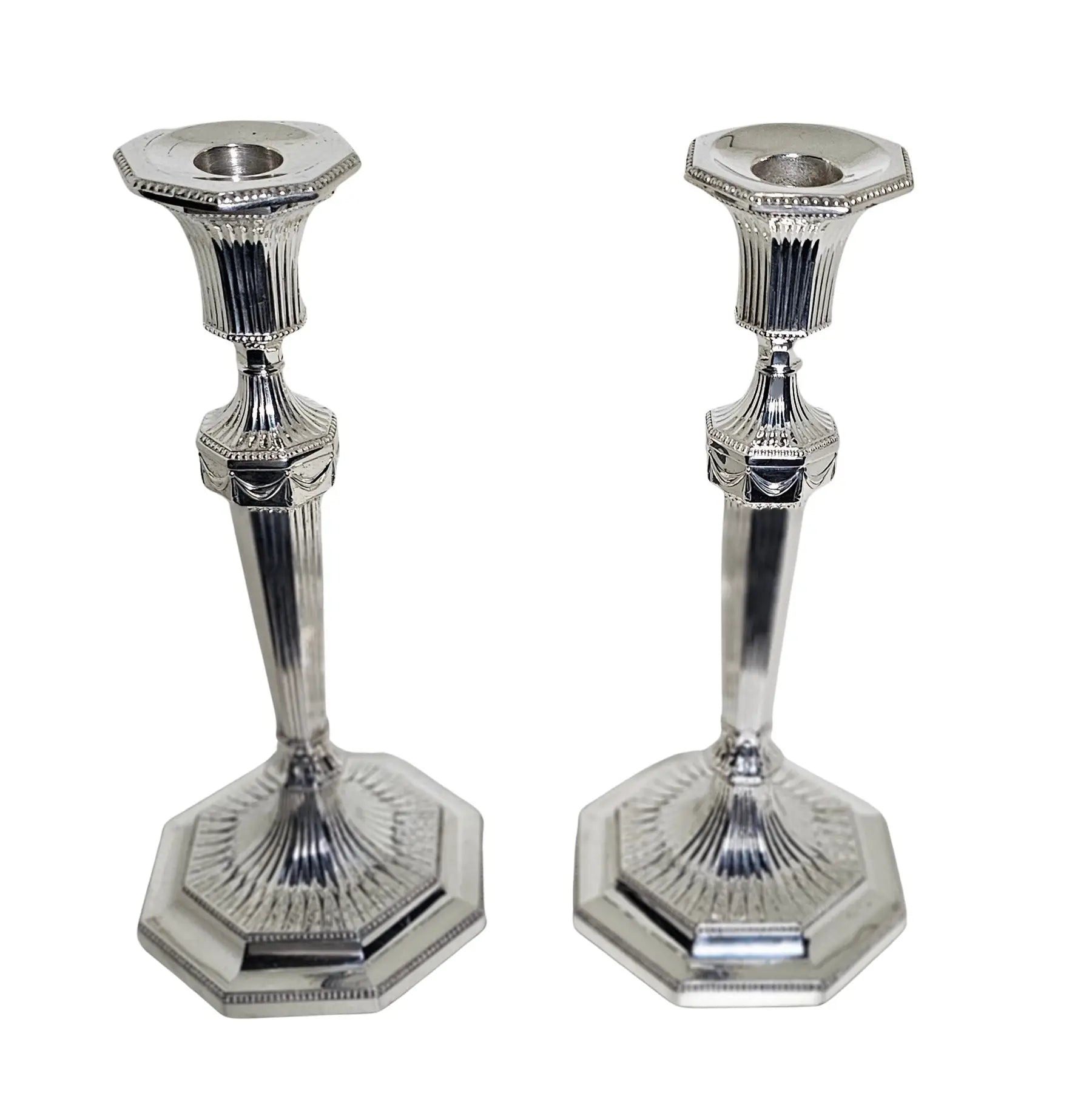 Antique English Silver Plate Candlesticks Pair – Octagonal Bead Edge, 11.5”, c.1860 on a white background