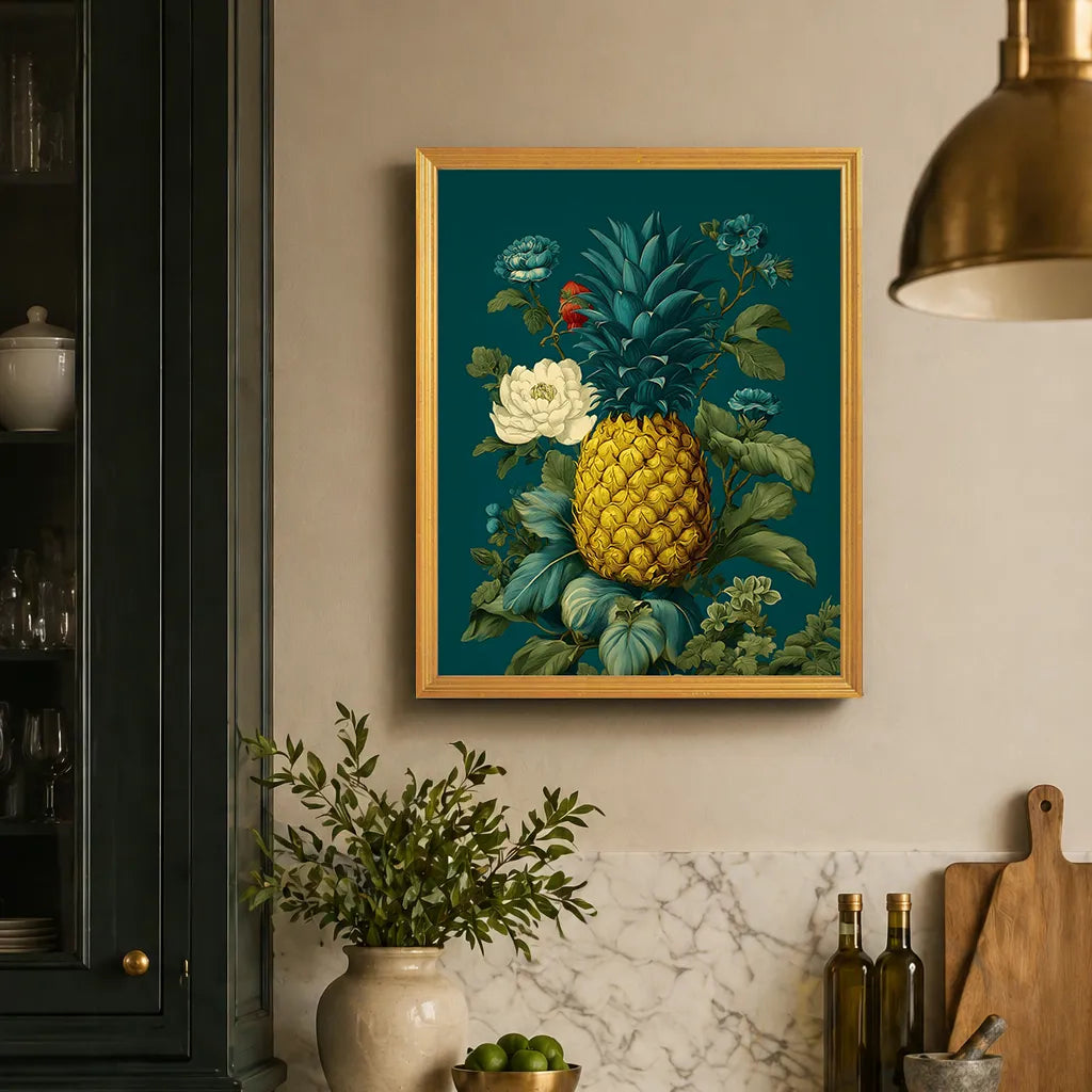 Oversized pineapple botanical wall art in antique gold frame on teal background, styled in an elegant kitchen interior, 16x20