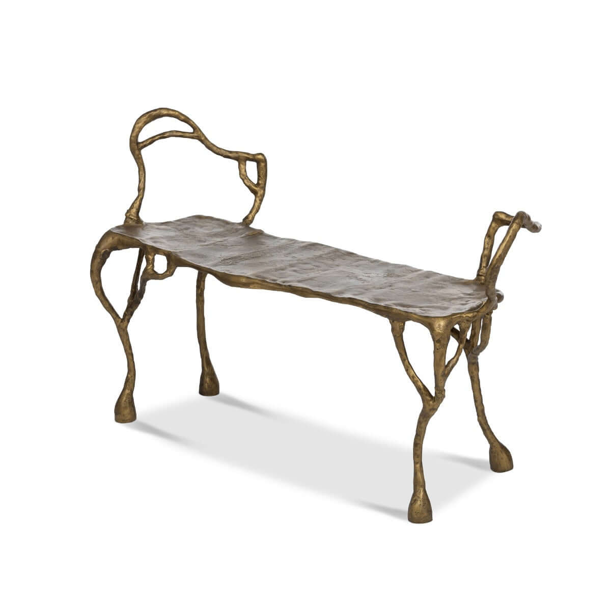 Side angel of an antique gold bench with unique metal frame on a white background