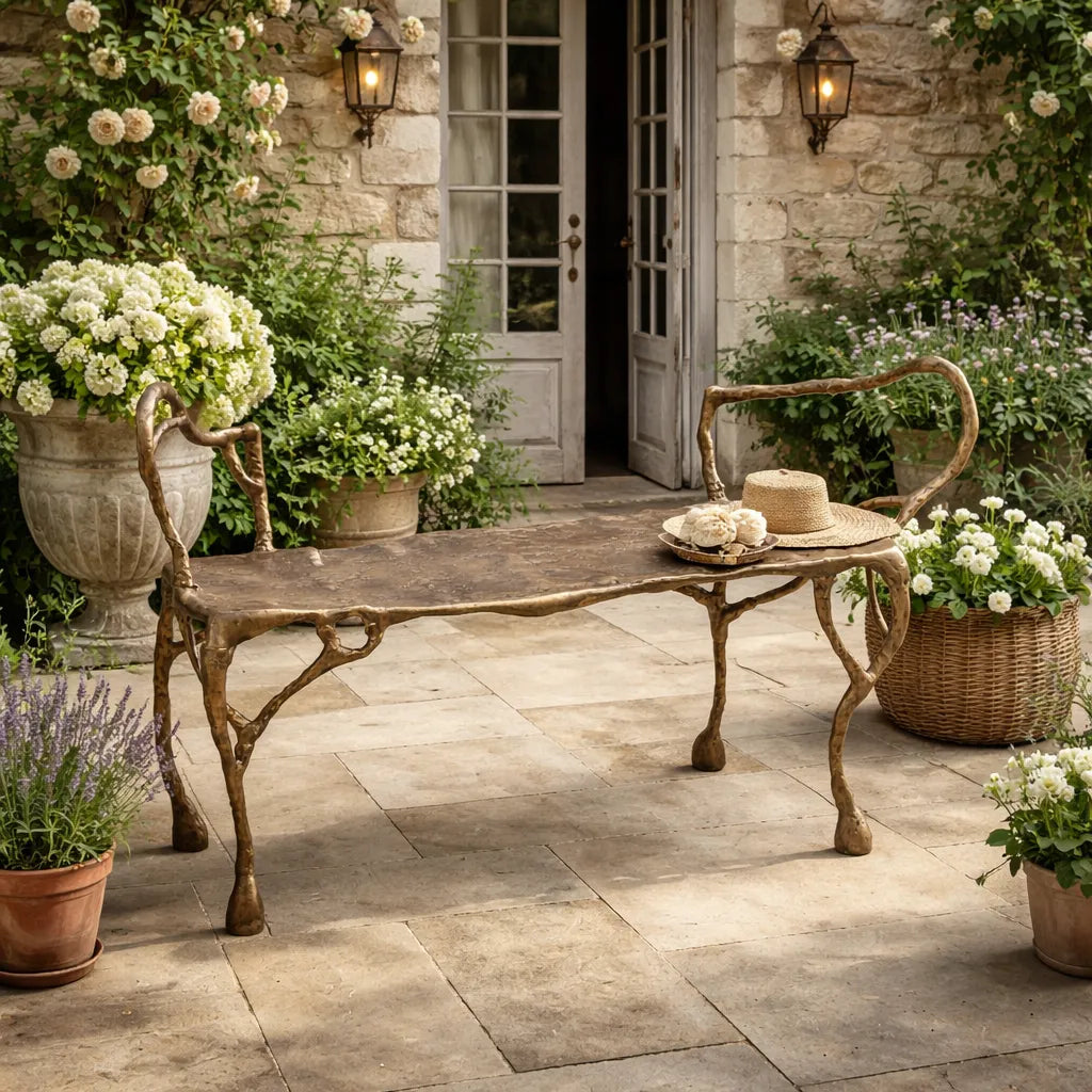 Outdoor patio with antique gold bench, surrounded by potted plants and flowers.