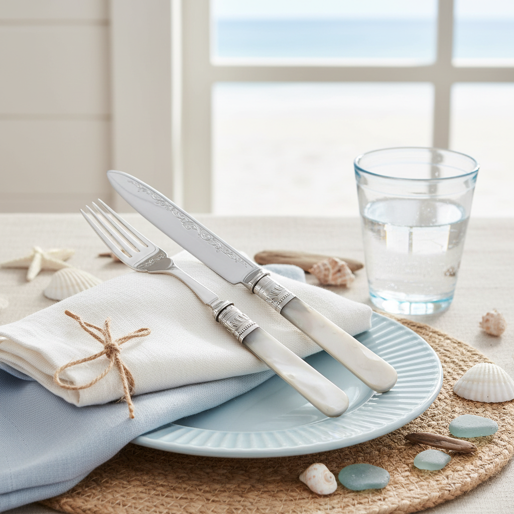 Table setting with blue plate, silver plated knife and fork with mother of pearl handles, and glass of water on a light surface.