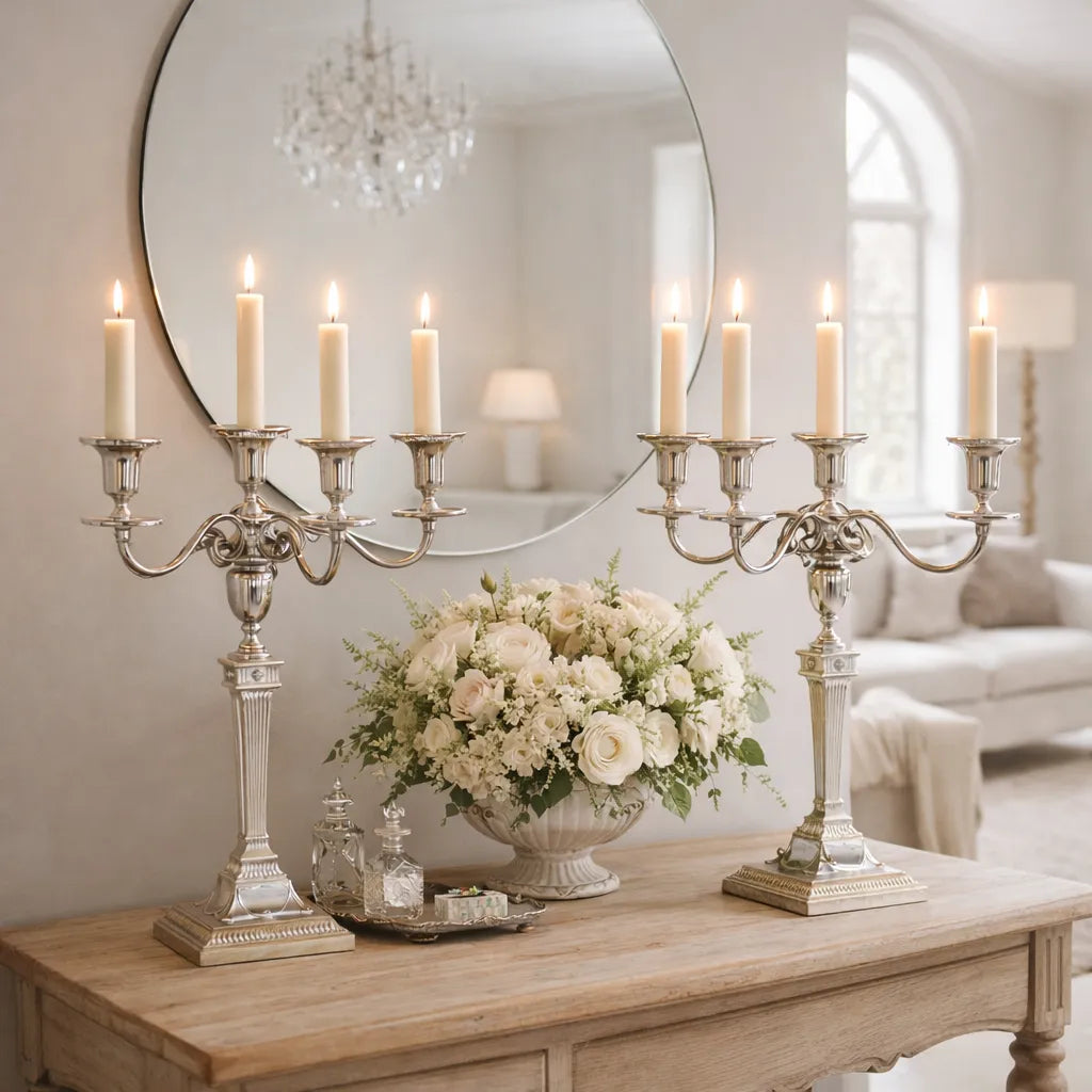 Decorative setup with silver candelabras, flowers, and candles on a wooden table.